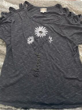 Truself Cold Shoulder Top Large Gray Floral Graphic Strappy Sleeve Casual